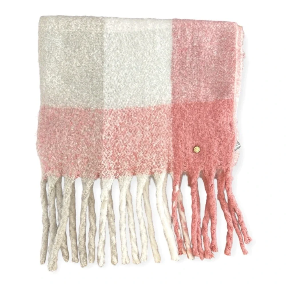 Express Classic Plaid White Pink Blanket Scarf‎ Fringe Fuzzy Wrap Large One Size